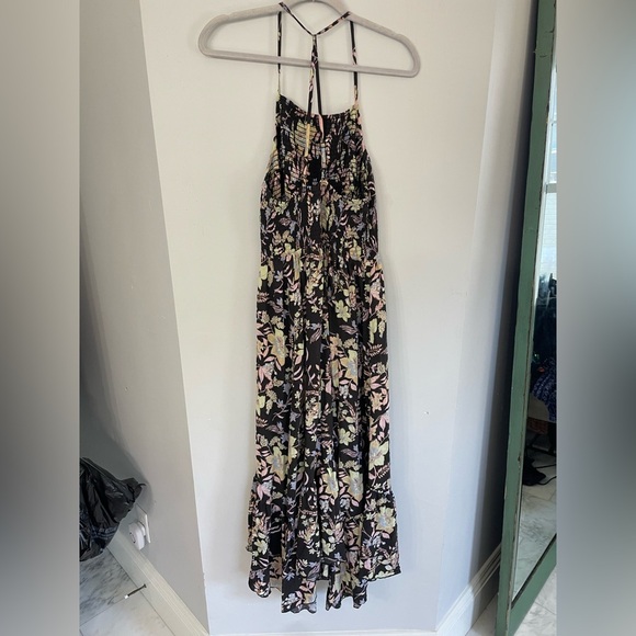 Intimately Free People sz large dark gray w/ floral print strappy smocked maxi - Picture 5 of 10